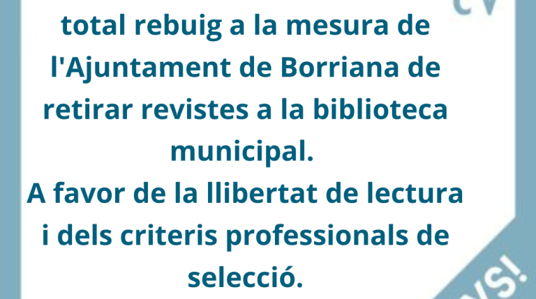El COBDCV manifesta el seu total rebuig a la mesura de l’Ajuntament de Borriana de censurar revistes en llengua valenciana i catalana a la biblioteca. (1)